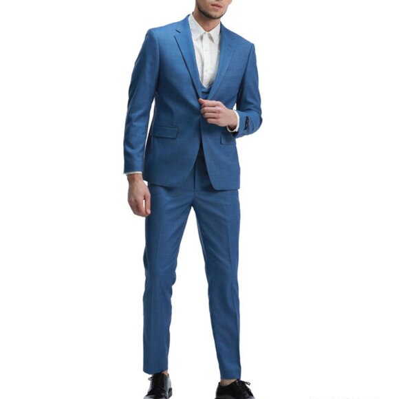 Blue Notch Lapel Double Breasted Collared Vest Skinny Fit Men's Suit